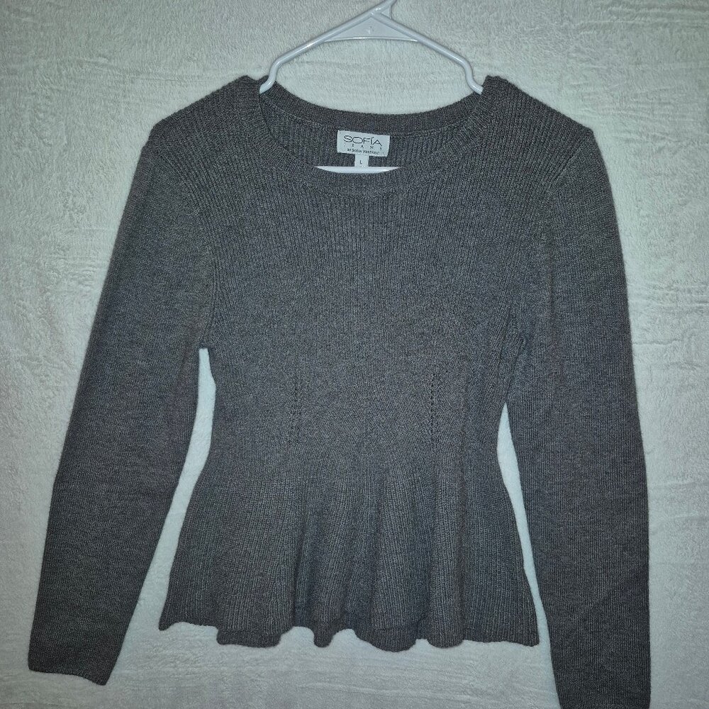 Sofia Vergara Jeans Gray Peplum Sweatshirt Crew Neck Sz L Minimalist NWT